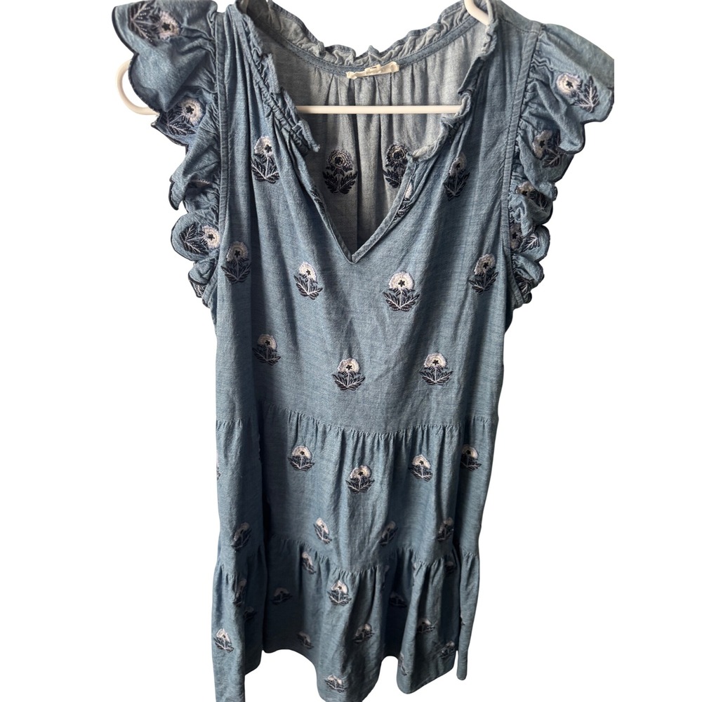 A Loves A Blue Floral Embroidered Chambray Tiered Ruffle Sleeve Mini Dress M